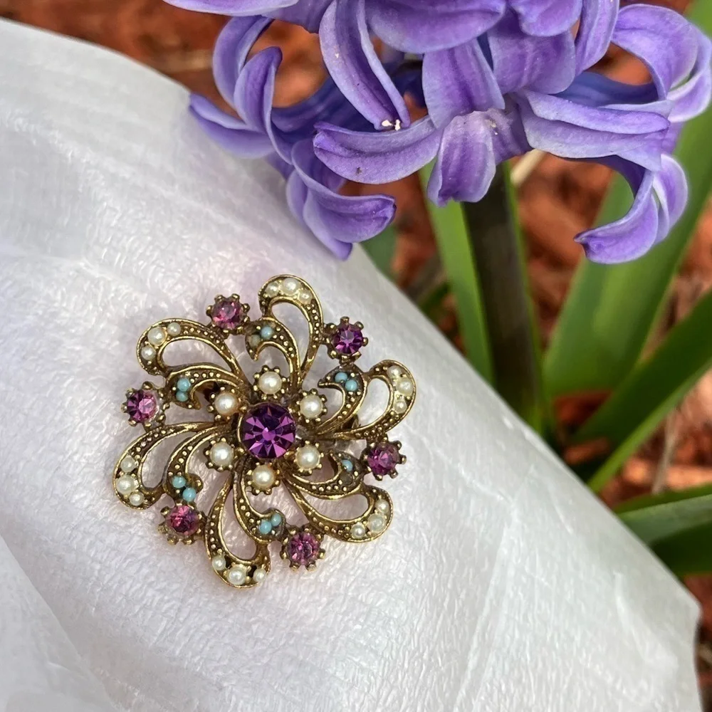 Vintage Purple Rhinestone Brooch Pin with Blue and Pearl Accents
